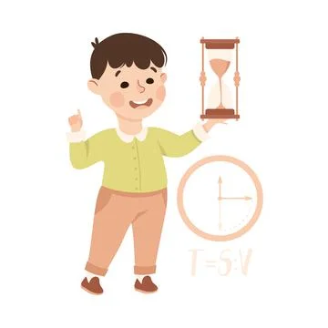 Little Boy Working on Physics Science Experiment with Hourglass and Clock Vector Stock Illustration