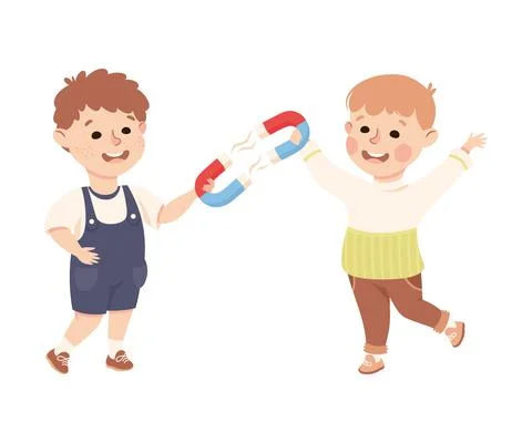 Little Boy Working on Physics Science Experiment with Magnet Vector Illustration Stock Illustration