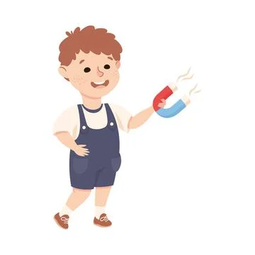 Little Boy Working on Physics Science Experiment with Magnet Vector Illustration Stock Illustration