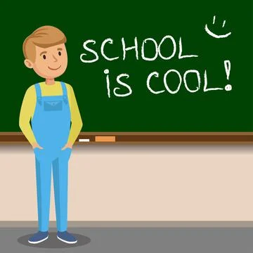 Little boy to write with chalk on the school blackboard. School is cool. Stock Illustration