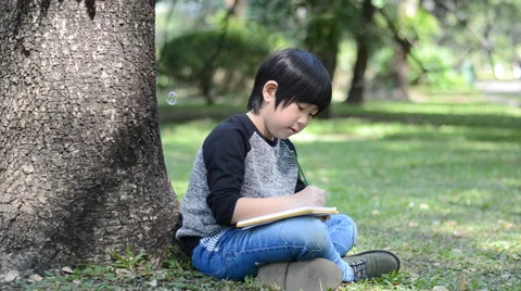 Little boy writing under the tree Stockbeeldmateriaal 45633925
