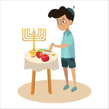 Little boy in yarmulke eat apple with honey, Jewish children dipping apple Stock Illustration