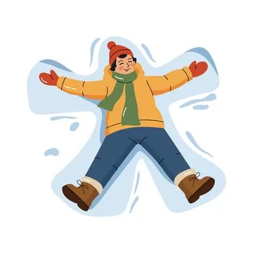 Little boy in yellow jacket laying on snow making snow angel winter child out Stock Illustration