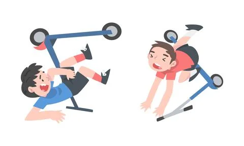 Little boys falling down from kick scooters cartoon vector illustration Stock Illustration