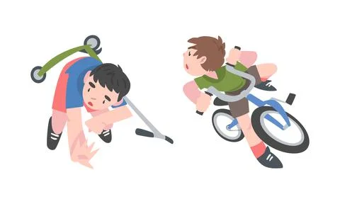 Little boys falling down from kick scooter and bicycle cartoon vector Stock Illustration