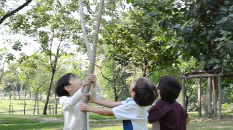 Little boys shaking tree bring balloon out from Stockbeeldmateriaal 45632876
