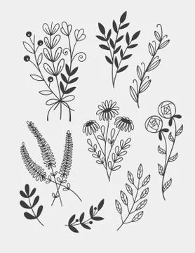 Little branches and florals for tiny tattoo, hand draw doodle sketch drawing Stock Illustration