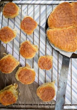Little bread buns on baking wire Stock Photos