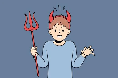 Little bully boy with devil horns makes evil grimace and terrorizes teachers at 库存插图