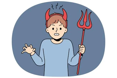 Little bully boy with devil horns makes evil grimace and terrorizes teachers at Stock Illustration