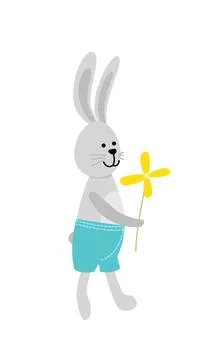 Little bunny. Young easter boy rabbit in blue shorts. Flat, cartoon, isolated Stock Illustration