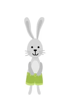 Little bunny. Young easter boy rabbit in green shorts. Flat, cartoon, isolated Illustrazione stock