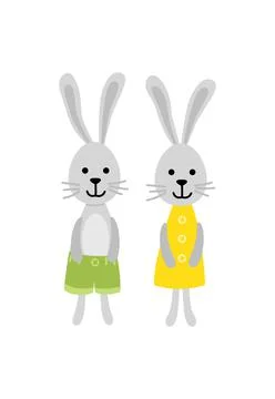 Little bunny. Young easter boy and girl rabbits. Pair. Flat, cartoon, isolated Stock Illustration