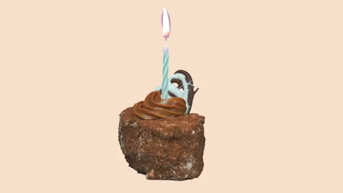 Little cake with cherry and burning candle, rotates on a yellow background. Then Stock Footage 120123975