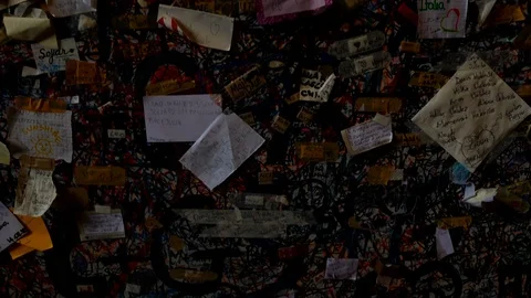 Little cards with a loving dedication on the wall of Juliet's balcony Stock Footage 99275923