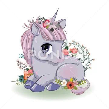 Little cartoon fairytale unicorn Stock Illustration