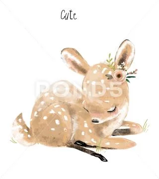 Little cartoon lovely fawn with flower wreath Stock Illustration