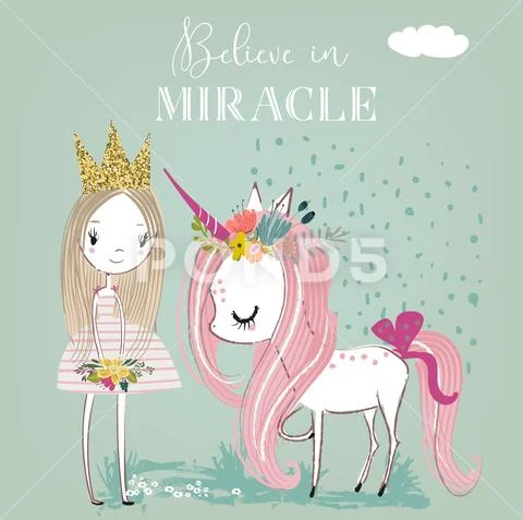 Little cartoon white fairytale unicorn with princess Stock Illustration