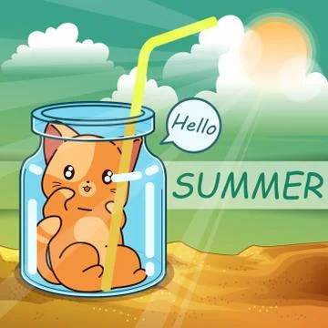 Little cat inside the bottle in the summer. Stock Illustration