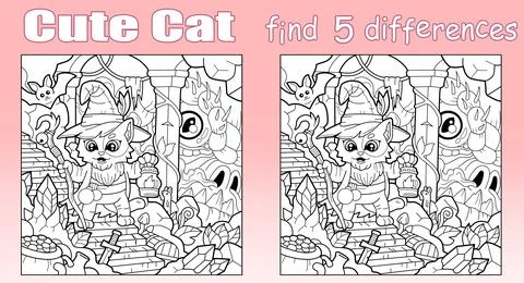 Little cat wizard, find five differences illustration Stock Illustration