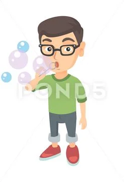 Little caucasian boy blowing soap bubbles. Stock Illustration