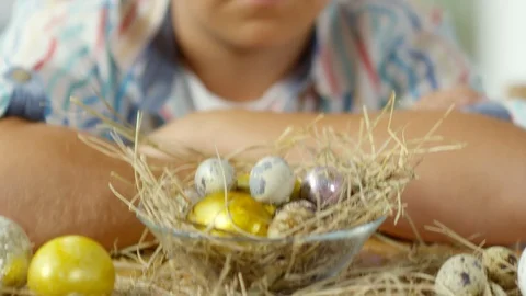 Little Caucasian Boy Posing with Easter Eggs on Hay Stock Footage 106085862
