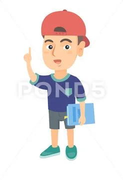 Little caucasian schoolboy pointing forefinger up. Stock Illustration