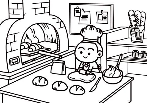 Little Chef Baking Fresh Bread in a Cozy Kitchen Coloring Page Stock Illustration