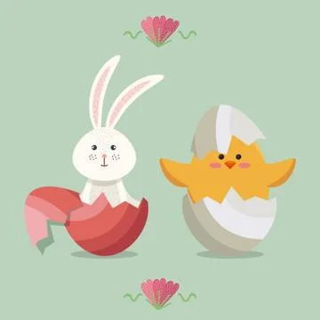 Little chick and rabbit easter card Illustrazione stock