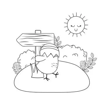 Little chick with egg broken and arrow guide easter character Stock Illustration