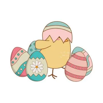 Little chick with egg broken easter character Stock Illustration