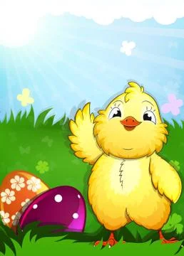 Little chicken and easter eggs 스톡 일러스트