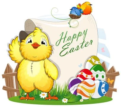 Little chicken and Easter eggs with a paper scroll 스톡 일러스트