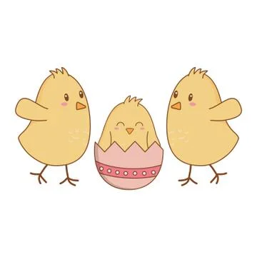 Little chicks with broken eggs easter characters Illustrazione stock