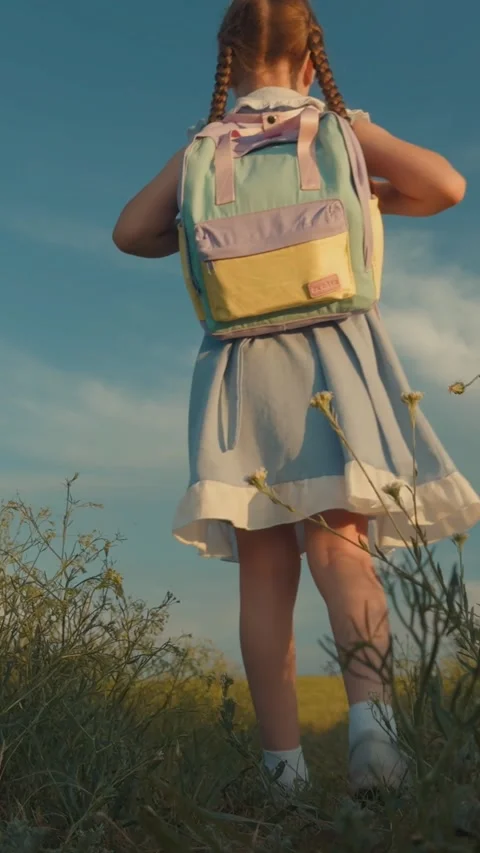 Little child kid school backpack walks school walking feet grass, countryside Stock Footage 300466156