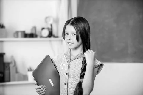 Little child using notebook. Develop own blog. Personal blog. Study programming Stock Photos