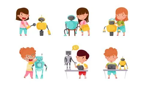 Little Children Engineering and Creating Robots Vector Illustrations Set Stock Illustration