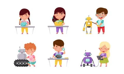 Little Children Engineering and Creating Robots Vector Illustrations Set Stock Illustration