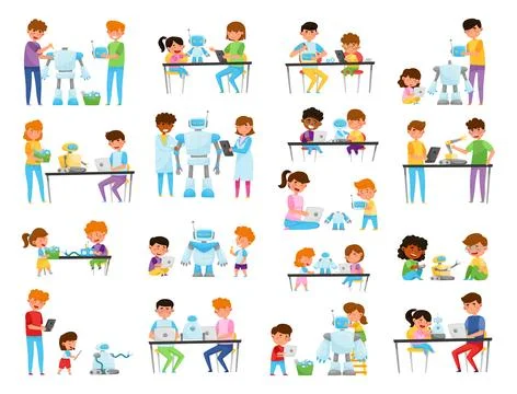 Little Children Engineering and Creating Robots Vector Big Illustration Set Stock Illustration