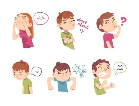 Little Children with Face Expression and Emotion Vector Set Stock Illustration