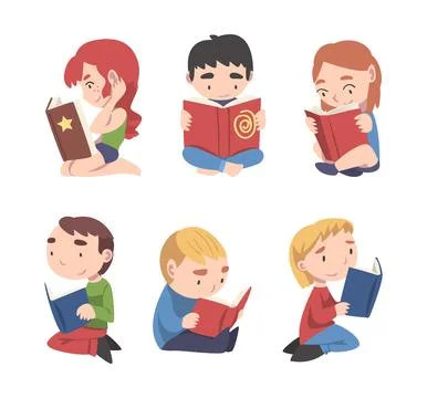 Little Children Sitting with Open Book and Reading Vector Set Ilustración de archivo