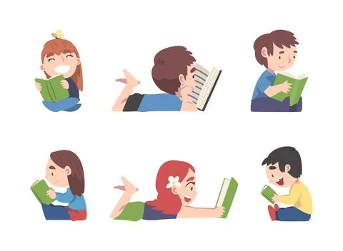 Little Children Sitting with Open Book and Reading Vector Set Ilustración de archivo