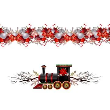 Little Christmas train seamless pattern decorated red ribbon Vector Stock Illustration