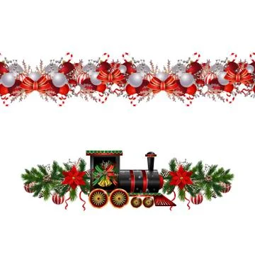 Little Christmas train seamless pattern decorated red ribbon Vector Stock Illustration