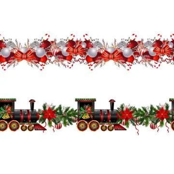 Little Christmas train seamless pattern decorated red ribbon Vector Stock Illustration