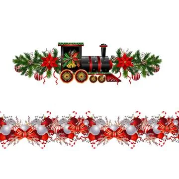 Little Christmas train seamless pattern decorated red ribbon Vector Illustrazione stock