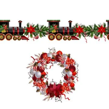 Little Christmas train seamless pattern decorated red ribbon Vector Illustrazione stock