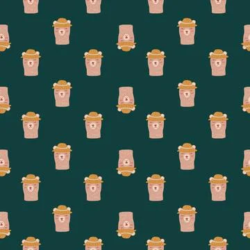 Little contrast seamless pattern with pink bear character with hat ornament.  Stock Illustration