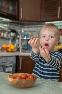 Little cute blond boy eats fresh juicy red cherry tomatoes and offers them to Stock Photos