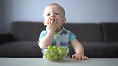 Little cute boy eats fresh grapes 스톡 동영상 233001525